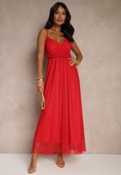 Czerwona Sukienka Koktajlowa Ozdobiona Tiulowym Materiałem Deviora. Czerwone sukienki damskie Renee, na co dzień, l, bez wzorów, z tiulu, eleganckie, bez kołnierzyka, bez ramiączek, maxi. Za 109.99 zł.