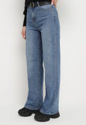 Niebieskie Jeansy z Paskiem i Szerokimi Wywiniętymi Nogawkami Zdobione Printem w Kwiaty Senindrae. Niebieskie jeansy damskie Born2be, z aplikacjami, z jeansu, boho. Za 119.99 zł.