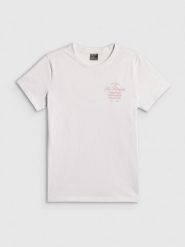 4F T-shirt regular z nadrukiem damski - biały S. Białe t-shirty damskie 4F, s, bez wzorów, z bawełny, klasyczne, bez kołnierzyka, bez ramiączek. Za 59.99 zł.