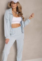 Jasnoniebieski Komplet Dresowy w Stylu Cargo Bluza i Spodnie Korirana. Niebieskie bluzy damskie Renee, m, z aplikacjami, z dresówki, eleganckie, bez ramiączek, bez kaptura. Za 74.99 zł.