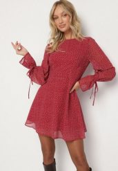 Bordowa Rozkloszowana Sukienka Vices z Bufiastymi Rękawami w Kropki Eriane. Czerwone sukienki damskie Born2be, na co dzień, l, bez wzorów, eleganckie, bez kołnierzyka, bez ramiączek, mini, proste. Za 109.99 zł.