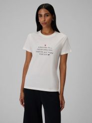 4F T-shirt regular z nadrukiem damski - kremowy M. Białe t-shirty damskie 4F, m, bez wzorów, z bawełny, klasyczne, bez kołnierzyka, bez ramiączek. Za 69.99 zł.