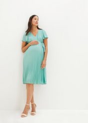 Sukienka ciążowa plisowana. Zielone sukienki damskie bonprix, bez wzorów, eleganckie, bez kołnierzyka, moda ciążowa, bez ramiączek. Za 229.99 zł.