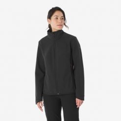Kurtka turystyczna damska Softshell Forclaz MT100. Czarne kurtki sportowe damskie FORCLAZ, m, bez wzorów, z polaru, bez ramiączek, bez kaptura, trekkingowe. Za 199.99 zł.