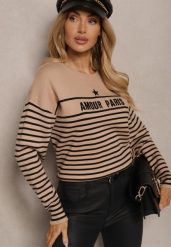 Beżowy Sweter z Bawełną Ozdobiony Haftowanym Napisem i Paskami Zeanika. Brązowe swetry nierozpinane damskie Renee, bez wzorów, z bawełny, casualowe, bez kołnierzyka, bez ramiączek. Za 79.99 zł.