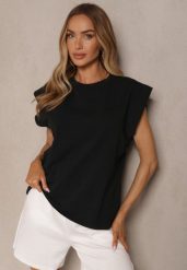Czarny Top z Bawełny Ozdobiony Falbanką Galanetia. Czarne topy damskie Renee, bez wzorów, z bawełny, klasyczne, bez kołnierzyka, bez ramiączek. Za 49.99 zł.