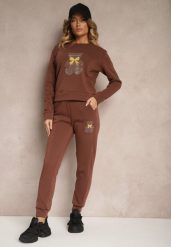 Brązowy Ocieplany Komplet Dresowy z Bawełny Zdobiony Cyrkoniami Bluza i Spodnie z Gumką Nelionis. Brązowe bluzy damskie Renee, m, z aplikacjami, z bawełny, eleganckie, bez ramiączek, bez kaptura. Za 74.99 zł.