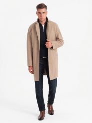 Męski płaszcz jednorzędowy bez podszewki – beżowy V7 - Rozmiar: XXL. Brązowe płaszcze męskie Ombre Clothing, m, bez wzorów, z materiału, eleganckie, bez kołnierzyka, bez kaptura. W wyprzedaży za 359.99 zł.