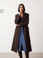 Dwurzędowy płaszcz loose fit z paskiem - brązowy. Brązowe płaszcze damskie Sinsay, l, bez wzorów, bez kołnierzyka, bez kaptura. Za 139.99 zł.