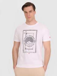 4F T-shirt regular z nadrukiem siatkarskim męski - biały M. Białe koszulki sportowe męskie 4F, l, bez wzorów, z bawełny, bez ramiączek, do siatkówki. Za 69.99 zł.