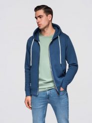 Bluza męska bawełniana dresowa BASIC rozpinana z kapturem - granatowa V4. Niebieskie bluzy męskie Ombre Clothing, m, z aplikacjami, z bawełny, biznesowe, bez ramiączek, z kapturem. W wyprzedaży za 118.99 zł.