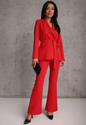 Czerwony Komplet o Garniturowym Kroju z Marynarką z Wiązaniem i Spodniami Falestra. Czerwone marynarki i żakiety damskie Renee, bez wzorów, casualowe, bez kołnierzyka, bez ramiączek. Za 219.99 zł.