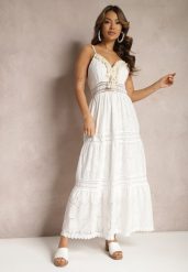 Biało-Beżowa Haftowana Sukienka Bawełniana w Stylu Boho Tirinassa. Białe sukienki damskie Renee, na imprezę, na lato, bez wzorów, z bawełny, boho, bez kołnierzyka, bez ramiączek, maxi. Za 89.99 zł.