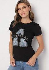 Czarny Bawełniany T-shirt Ozdobiony Napisem i Cyrkoniami Isnorea. Czarne t-shirty damskie Born2be, m, bez wzorów, z bawełny, glamour, bez kołnierzyka, bez ramiączek. Za 34.99 zł.