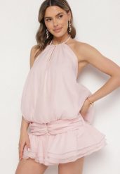 Różowa Sukienka z Bawełną Falbanką i Odkrytymi Plecami Firavette. Czerwone sukienki damskie Born2be, na spotkanie biznesowe, na lato, m, bez wzorów, z bawełny, eleganckie, bez kołnierzyka, bez ramiączek, mini. Za 139.99 zł.