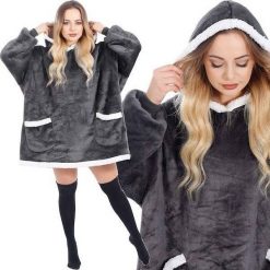Springos Kocobluza damska oversize koc bluza 2w1 z kapturem ciepła grafitowa UNIWERSALNY. Szare bluzy damskie Springos, uniwersalny, bez wzorów, bez ramiączek, z kapturem. Za 58.63 zł.
