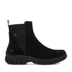 Botki Rieker. Czarne botki damskie Rieker, bez wzorów, bez obcasa, na płaskiej podeszwie, bez zapięcia. Za 429.99 zł.