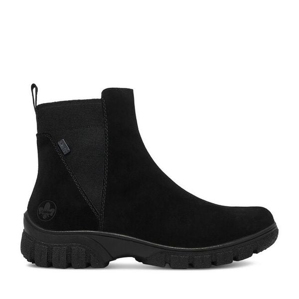 Botki Rieker. Czarne botki damskie Rieker, bez wzorów, bez obcasa, na płaskiej podeszwie, bez zapięcia. Za 429.99 zł.