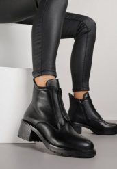 Czarne Botki ze Skóry Naturalnej na Słupku Ozdobione Przeszyciami Deleisa. Czarne botki damskie Renee, bez wzorów, z jeansu, eleganckie, bez obcasa, na obcasie, bez zapięcia. Za 139.99 zł.