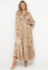 Brązowa Sukienka Maxi z Gumką w Talii i Plisowanym Dołem w Tweedowy Wzór Viostana. Brązowe sukienki damskie Born2be, na co dzień, l, bez wzorów, eleganckie, bez kołnierzyka, bez ramiączek, maxi, plisowane. Za 149.99 zł.