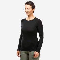 Koszulka z długim rękawem damska Forclaz MT500 merino. Czarne bluzki damskie FORCLAZ, m, bez wzorów, z materiału, sportowe, bez kołnierzyka, bez ramiączek. Za 229.99 zł.