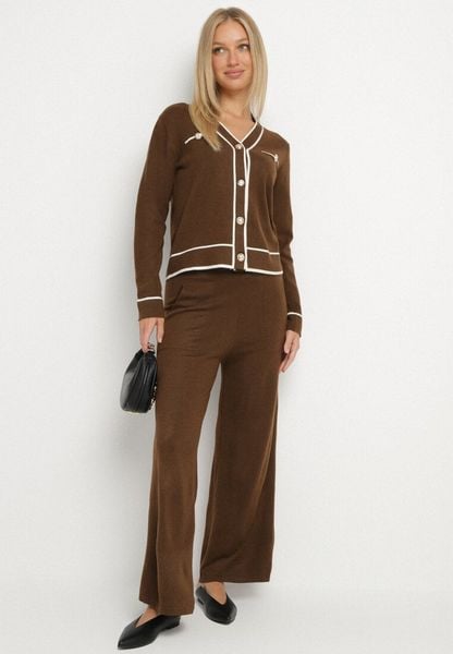 Brązowy Dzianinowy Komplet Szerokie Spodnie i Kardigan z Lamówkami Gioresa. Brązowe kardigany damskie Born2be, bez wzorów, z bawełny, eleganckie, bez kołnierzyka. Za 139.99 zł.