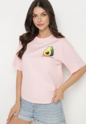 Różowy T-shirt z Bawełną i Motywem Awokado Addixa. Czerwone t-shirty damskie Born2be, m, bez wzorów, z bawełny, klasyczne, bez kołnierzyka, bez ramiączek. Za 79.99 zł.