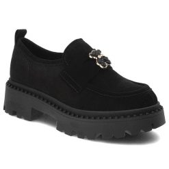 Czarne Półbuty Chebello Damskie Eleganckie Obuwie. Czarne półbuty damskie CheBello, bez wzorów, ze skóry, biznesowe, bez obcasa, bez zapięcia. Za 424.99 zł.