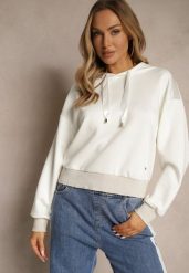 Biała Bluza z Kapturem Ozdobiona Ściągaczami i Metaliczną Nitką Ulisiela. Białe bluzy damskie Renee, m, bez wzorów, z jeansu, casualowe, bez ramiączek, z kapturem. Za 69.99 zł.
