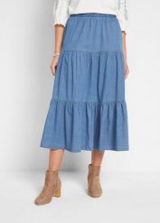 Spódnica dżinsowa z falban. Niebieskie spódnice damskie bonprix, bez wzorów. Za 149.99 zł.