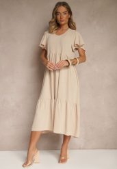 Jasnobeżowa Rozkloszowana Sukienka z Wiskozą w Casualowym Stylu Filarenna. Brązowe sukienki damskie Renee, na co dzień, l, bez wzorów, z wiskozy, eleganckie, bez kołnierzyka, bez ramiączek, midi, rozkloszowane. Za 54.99 zł.