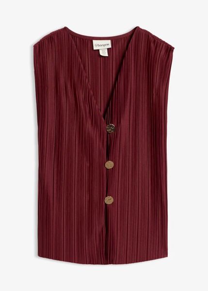 Top plisowany. Czerwone topy damskie bonprix, bez wzorów, eleganckie, bez kołnierzyka, bez ramiączek. Za 69.99 zł.
