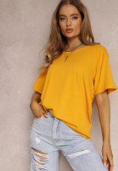 Żółty T-shirt Eraela. Żółte t-shirty damskie Renee, plus size, bez wzorów, z bawełny, klasyczne, bez kołnierzyka, bez ramiączek. Za 24.99 zł.