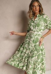 Zielona Rozkloszowana Sukienka z Wiskozy Ozdobiona Falbaną Filesenia. Zielone sukienki damskie Renee, na spotkanie biznesowe, l, bez wzorów, z wiskozy, eleganckie, bez kołnierzyka, bez ramiączek, midi, rozkloszowane. Za 59.99 zł.