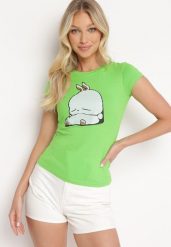 Jasnozielony Bawełniany T-shirt z Ozdobnym Nadrukiem Ianestra. Zielone t-shirty damskie Born2be, m, bez wzorów, z bawełny, bez kołnierzyka, bez ramiączek. Za 34.99 zł.