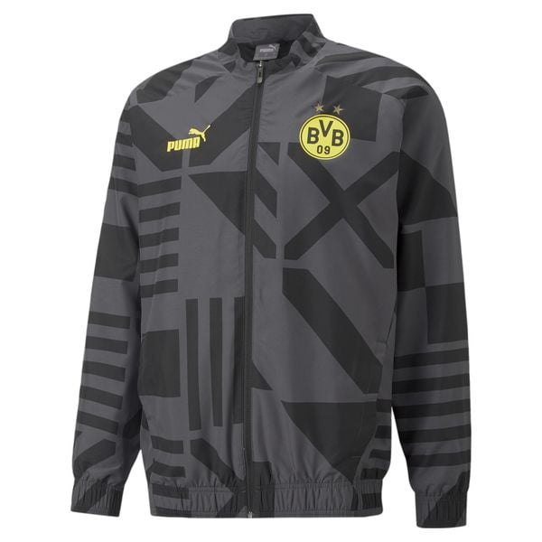 Kurtka Prematch Borussia Dortmund 2022/23. Czarne kurtki męskie Puma, s, z aplikacjami, z materiału, bez kaptura. Za 197.90 zł.