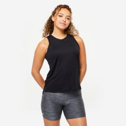 Koszulka fitness damska Domyos bez rękawów. Czarne koszulki sportowe damskie DOMYOS, l, bez wzorów, z elastanu, bez ramiączek, na fitness i siłownię. Za 39.99 zł.