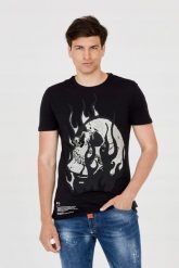 PHILIPP PLEIN T-shirt z czaszką w płomieniach. Czarne t-shirty męskie Philipp Plein, m, bez wzorów, bez kołnierzyka, bez ramiączek. W wyprzedaży za 799.99 zł.