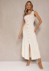 Jasnobeżowa Sweterkowa Sukienka z Wiskozy Ozdobiona Guzikami Lunioris. Brązowe sukienki damskie Renee, na co dzień, bez wzorów, z wiskozy, eleganckie, bez kołnierzyka, bez ramiączek, maxi, kopertowe. Za 119.99 zł.