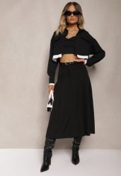 Czarna Spódnica o Rozkloszowanym Kroju High Waist z Paskiem i Imitacją Kieszeni Rivivia. Czarne spódnice damskie Renee, na co dzień, l, bez wzorów, eleganckie, z podwyższonym stanem, midi, dopasowane. Za 129.99 zł.