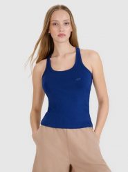 4F Top slim gładki damski - granatowy S. Niebieskie topy damskie 4F, s, bez wzorów, z bawełny, klasyczne, bez kołnierzyka, bez ramiączek. W wyprzedaży za 29.99 zł.