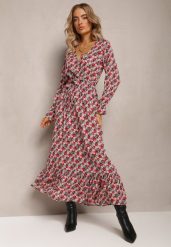 Czerwono-Czarna Rozkloszowana Sukienka w Kwiaty z Wiskozy Carollisa. Czerwone sukienki damskie Renee, l, bez wzorów, z materiału, bez kołnierzyka, bez ramiączek, maxi, kopertowe. Za 99.99 zł.