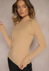 Ciemnobeżowa Bluzka z Bawełną i Ozdobnymi Guzikami Yasida. Brązowe bluzki damskie Renee, l, bez wzorów, z bawełny, biznesowe, bez kołnierzyka, bez ramiączek. Za 39.99 zł.