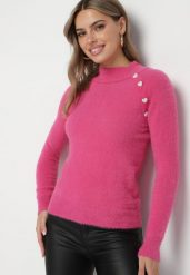 Fuksjowy Sweter Półgolf z Guzikami Irisaia. Czerwone swetry nierozpinane damskie Born2be, m, bez wzorów, z jeansu, eleganckie, bez kołnierzyka, bez ramiączek. Za 64.99 zł.