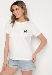 Biały T-shirt z Bawełny Ozdobiony Naszywką Firolee. Białe t-shirty damskie Born2be, s, z aplikacjami, z bawełny, bez kołnierzyka, bez ramiączek. Za 49.99 zł.