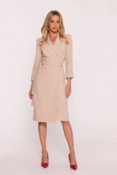 Elegancka sukienka ołówkowa kopertowa z wiązaniem beżowa. Brązowe sukienki damskie Stylove, do pracy, s, bez wzorów, z elastanu, biznesowe, bez kołnierzyka, bez ramiączek, midi, dopasowane. Za 449.00 zł.