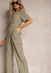Ciemnozielony Długi Kombinezon w Stylu Utility z Kieszeniami Cargo Paskiem i Kołnierzykiem Qillilena. Zielone sukienki damskie Renee, na co dzień, l, bez wzorów, eleganckie, bez kołnierzyka, bez ramiączek, maxi. Za 149.99 zł.