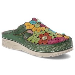Klapki damskie Laura Vita, kwiatowa cholewka ze skóry naturalnej ozdobne aplikacje wygodna podeszwa codzienny letni fason, zielone, Dorry 22 AJ1819-B. Zielone klapki damskie Laura Vita, na lato, z aplikacjami, ze skóry, bez obcasa, bez zapięcia. Za 309.00 zł.