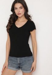 Czarny T-shirt z Wiskozą z Prążkowanej Dzianiny Ralendria. Czarne t-shirty damskie Born2be, s, z aplikacjami, z dzianiny, klasyczne, bez kołnierzyka, bez ramiączek. Za 29.99 zł.