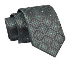 Elegancki, Klasyczny, Męski Krawat -ALTIES - Grafit z Zielonym Akcentem. Szare krawaty i muchy Alties, bez wzorów, z tkaniny, eleganckie. Za 49.00 zł.